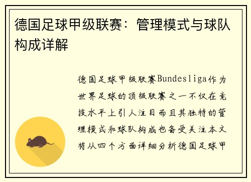 德国足球甲级联赛：管理模式与球队构成详解